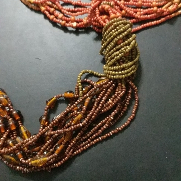 Yellow Red Orange Brown Beaded Knotted Long Dangle Statement Necklace - Picture 2 of 3